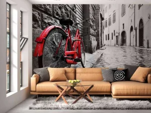 New Rode fiets in een zwart-witte straat fotobehang Transport | Architectuur