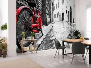 New Rode fiets in een zwart-witte straat fotobehang Transport | Architectuur