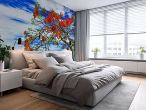 Outlet Rode flamboyant boom op het strand fotobehang Transport | Bloemen