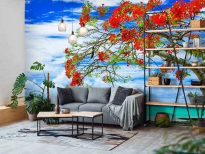 Outlet Rode flamboyant boom op het strand fotobehang Transport | Bloemen