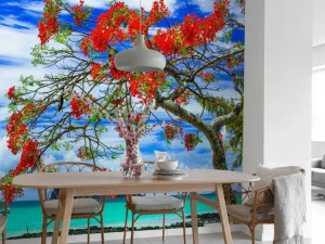 Outlet Rode flamboyant boom op het strand fotobehang Transport | Bloemen