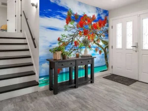 Outlet Rode flamboyant boom op het strand fotobehang Transport | Bloemen