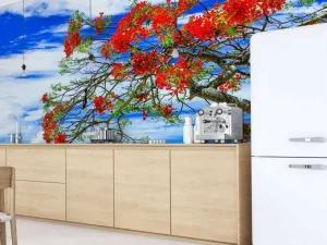 Outlet Rode flamboyant boom op het strand fotobehang Transport | Bloemen