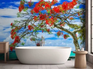 Outlet Rode flamboyant boom op het strand fotobehang Transport | Bloemen