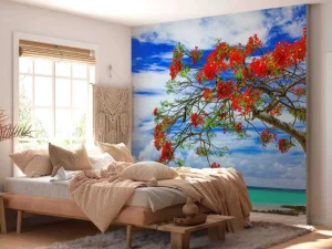 Outlet Rode flamboyant boom op het strand fotobehang Transport | Bloemen
