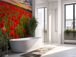 Best Rode klaprozenveld bij zonsondergang fotobehang Bloemen