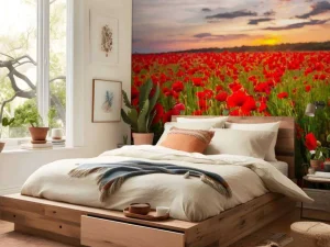 Best Rode klaprozenveld bij zonsondergang fotobehang Bloemen