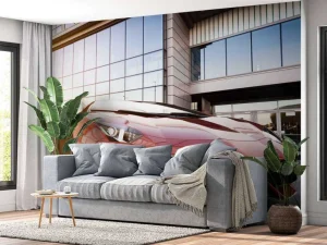 New Rode sportwagen in een moderne stedelijke omgeving fotobehang Transport | 3d