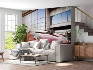 New Rode sportwagen in een moderne stedelijke omgeving fotobehang Transport | 3d