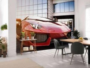 New Rode sportwagen in een moderne stedelijke omgeving fotobehang Transport | 3d