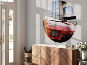 New Rode sportwagen in een moderne stedelijke omgeving fotobehang Transport | 3d