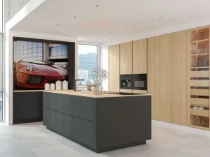 New Rode sportwagen in een moderne stedelijke omgeving fotobehang Transport | 3d