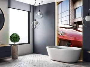 New Rode sportwagen in een moderne stedelijke omgeving fotobehang Transport | 3d