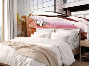 New Rode sportwagen in een moderne stedelijke omgeving fotobehang Transport | 3d