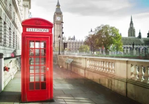 Clearance Rode telefoon cabine met de Big Ben op de achtergrond fotobehang Architectuur