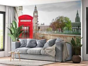 Clearance Rode telefoon cabine met de Big Ben op de achtergrond fotobehang Architectuur