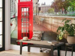 Clearance Rode telefoon cabine met de Big Ben op de achtergrond fotobehang Architectuur