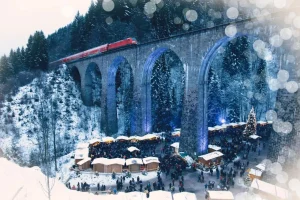 Clearance Rode trein boven een kerstmarkt fotobehang Transport