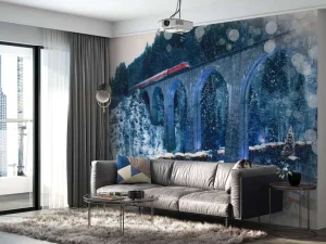 Clearance Rode trein boven een kerstmarkt fotobehang Transport