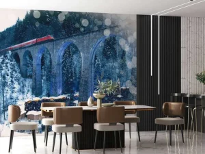 Clearance Rode trein boven een kerstmarkt fotobehang Transport