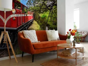 Fashion Rode trein door een parkje fotobehang Transport