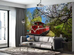 Fashion Rode trein door een parkje fotobehang Transport