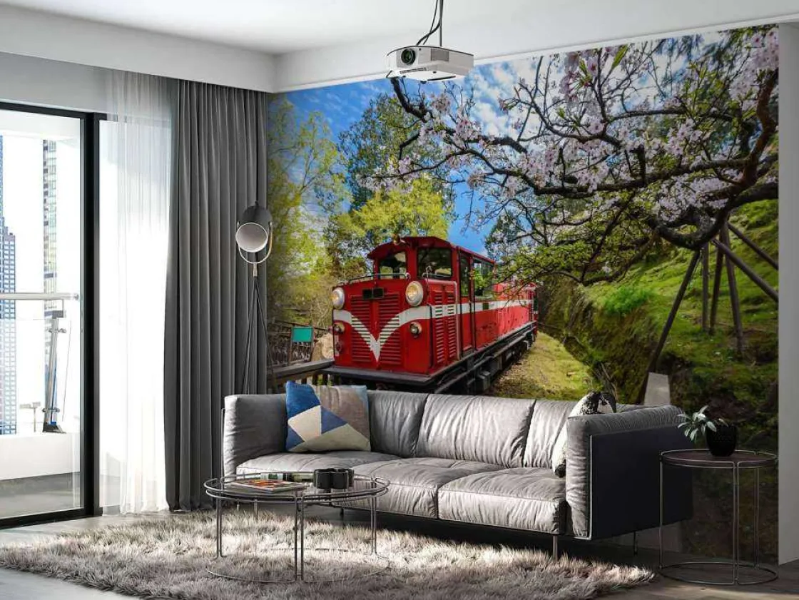 rode_trein_door_een_parkj_2.webp Fashion Rode trein door een parkje fotobehang Transport