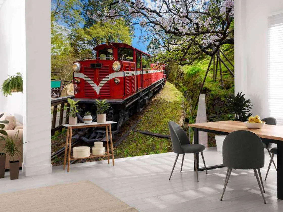 rode_trein_door_een_parkj_3.webp Fashion Rode trein door een parkje fotobehang Transport