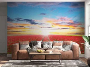 Best Rode tulpenveld bij zonsopkomst fotobehang Steden | Architectuur