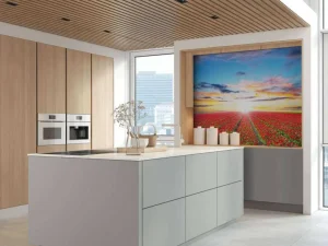 Best Rode tulpenveld bij zonsopkomst fotobehang Steden | Architectuur