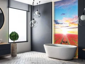 Best Rode tulpenveld bij zonsopkomst fotobehang Steden | Architectuur