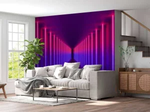 Hot Rood-paarse neon verlichte gang fotobehang Computerkamer | 3d