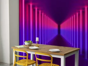 Hot Rood-paarse neon verlichte gang fotobehang Computerkamer | 3d