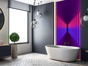 Hot Rood-paarse neon verlichte gang fotobehang Computerkamer | 3d