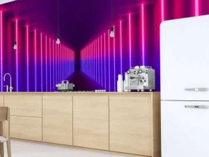Hot Rood-paarse neon verlichte gang fotobehang Computerkamer | 3d