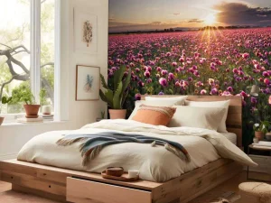 New Roze klaprozenveld bij zonsondergang fotobehang Bloemen