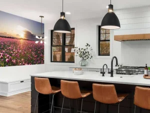 New Roze klaprozenveld bij zonsondergang fotobehang Bloemen