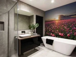 New Roze klaprozenveld bij zonsondergang fotobehang Bloemen