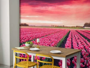 Discount Roze tulpenveld met dynamische kleuren fotobehang Steden | Architectuur