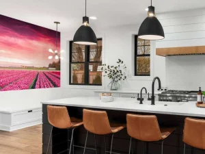 Discount Roze tulpenveld met dynamische kleuren fotobehang Steden | Architectuur