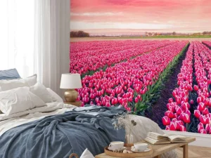 Discount Roze tulpenveld met dynamische kleuren fotobehang Steden | Architectuur