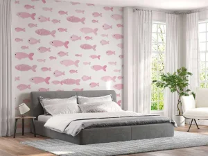 Clearance Roze visjes print fotobehang Kinderkamer | Babykamer