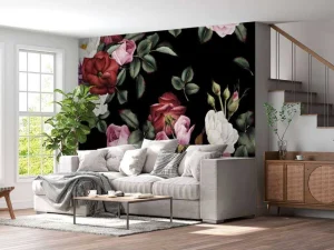Online Rozen print met donkere achtergrond fotobehang Tienerkamer | Bloemen