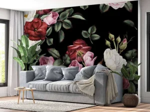 Online Rozen print met donkere achtergrond fotobehang Tienerkamer | Bloemen