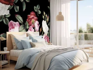 Online Rozen print met donkere achtergrond fotobehang Tienerkamer | Bloemen