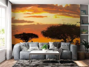 Hot Safari in Afrika bij zonsondergang fotobehang Dieren | Bloemen