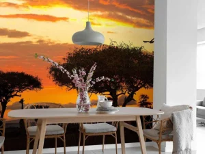 Hot Safari in Afrika bij zonsondergang fotobehang Dieren | Bloemen