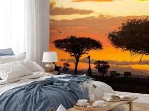 Hot Safari in Afrika bij zonsondergang fotobehang Dieren | Bloemen