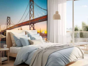 Online San Francisco-Oakland Bay Bridge in de avond fotobehang Architectuur