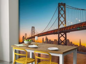 Online San Francisco-Oakland Bay Bridge in de avond fotobehang Architectuur